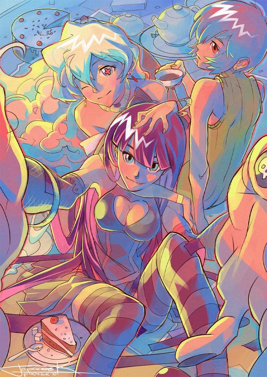 ayanami rei, stocking, and nia teppelin (neon genesis evangelion and 3 more) drawn by pixmilk