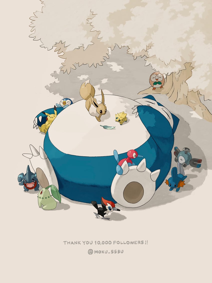 pikachu, eevee, rowlet, piplup, chikorita, and 7 more (pokemon) drawn by mokuzou_(moku_ssbu)