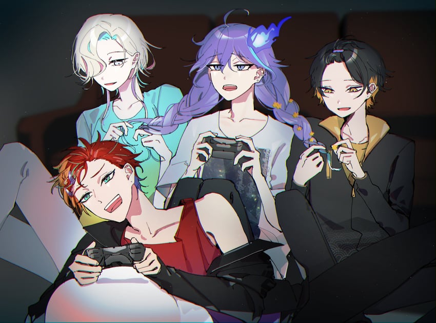 yatogami fuma, minase rio, utsugi uyu, and hizaki gamma (holostars) drawn by naizou_bug