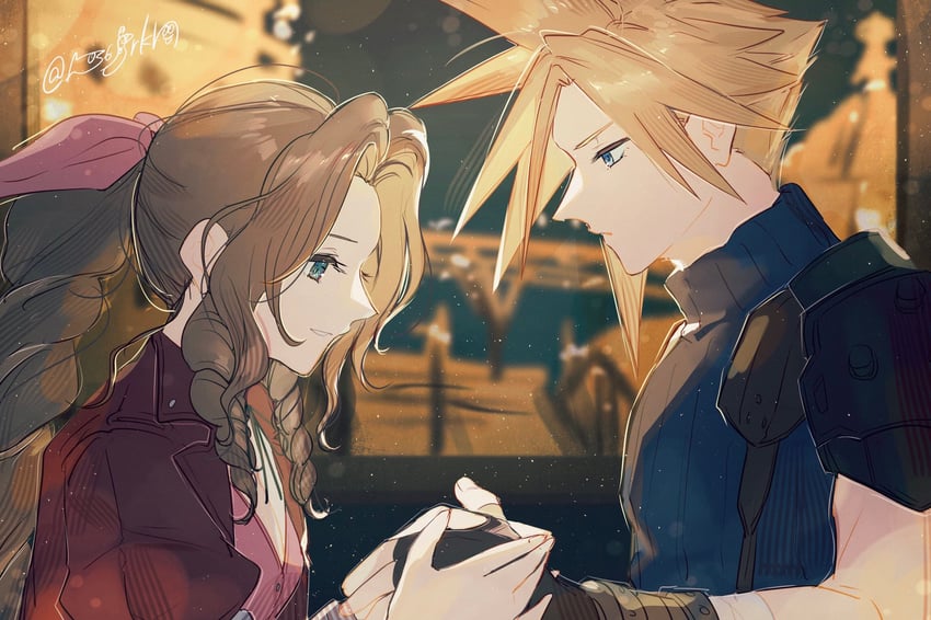 cloud strife and aerith gainsborough (final fantasy and 1 more) drawn by hanaon