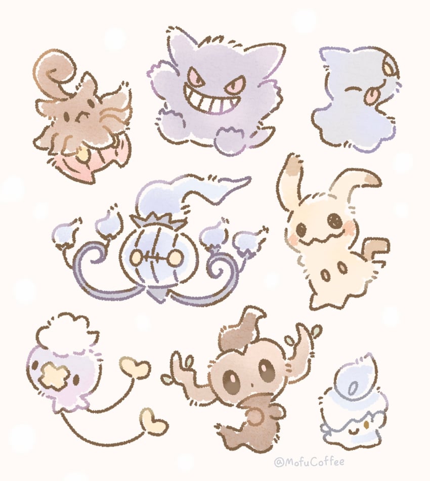 gengar, mimikyu, litwick, chandelure, drifloon, and 3 more (pokemon) drawn by mofucoffee