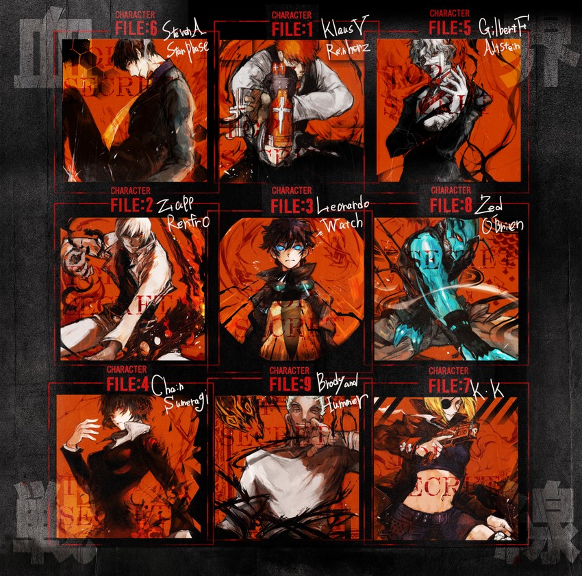 leonardo watch, steven a. starphase, chain sumeragi, zed o' brien, k.k., and 3 more (kekkai sensen) drawn by sumaoskirt