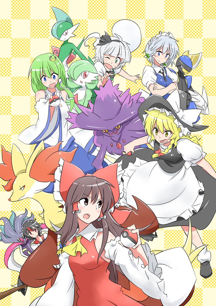 hakurei reimu, kirisame marisa, izayoi sakuya, kochiya sanae, konpaku youmu, and 7 more (touhou and 1 more) drawn by noel_(noel-gunso)