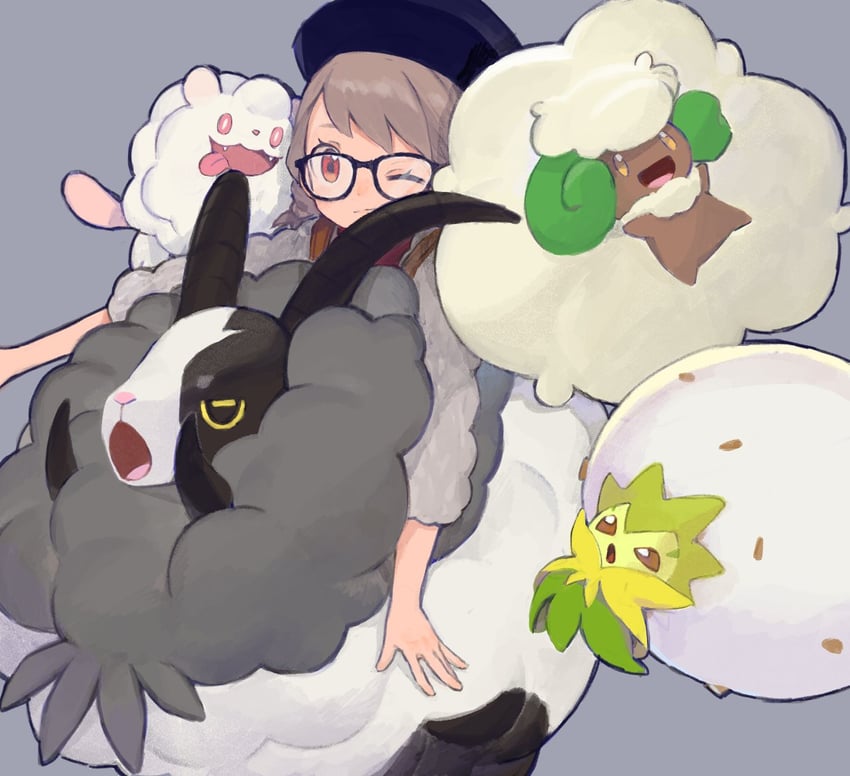 gloria, whimsicott, swirlix, eldegoss, and dubwool (pokemon and 1 more) drawn by karamomo