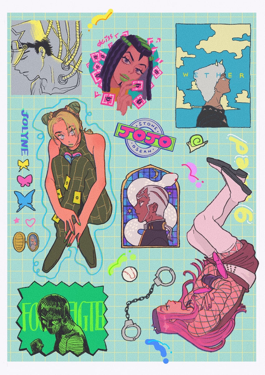 kujo jotaro, kujo jolyne, narciso anasui, foo fighters, enrico pucci, and 2 more (jojo no kimyou na bouken and 1 more) drawn by t_0nd