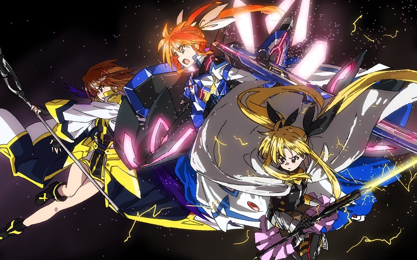 fate testarossa, takamachi nanoha, yagami hayate, raising heart, bardiche, and 3 more (lyrical nanoha and 3 more) drawn by bygddd5