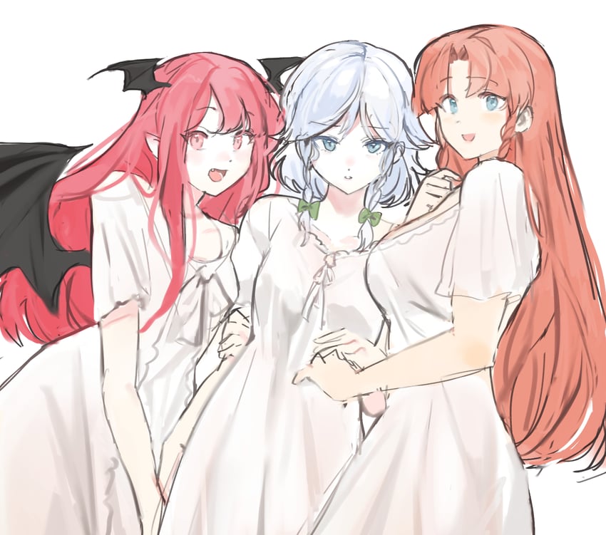 izayoi sakuya, hong meiling, and koakuma (touhou) drawn by sarukana