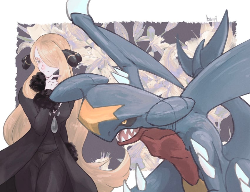 cynthia and garchomp (pokemon and 1 more) drawn by buri_(buri_pk)