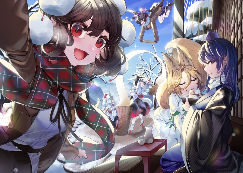shameimaru aya, inubashiri momiji, himekaidou hatate, kudamaki tsukasa, and iizunamaru megumu (touhou) drawn by ishikawa_sparerib