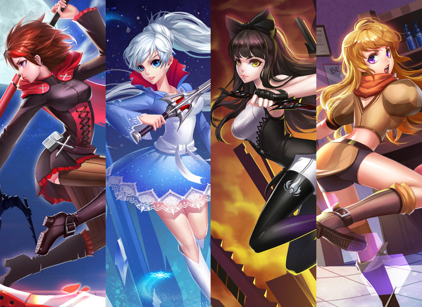 ruby rose, weiss schnee, yang xiao long, and blake belladonna (rwby) drawn by 123cuiyang