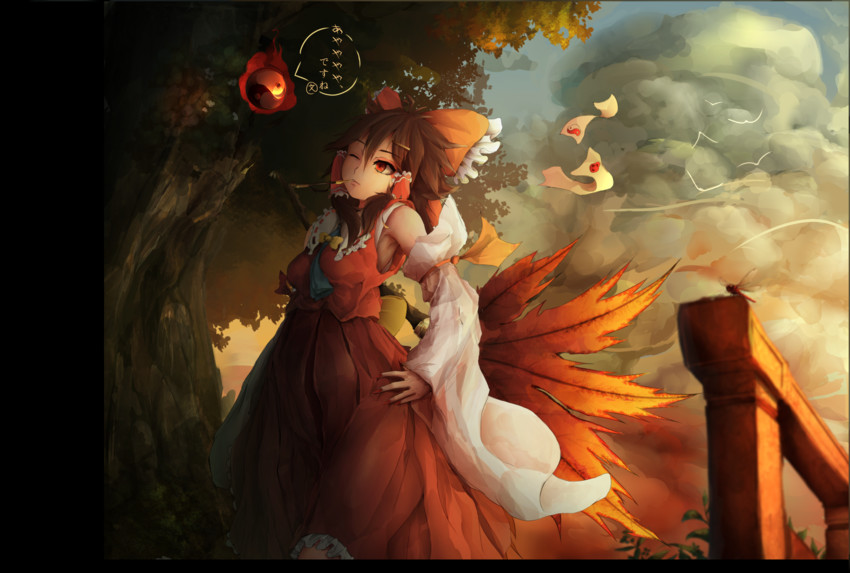 hakurei reimu, shameimaru aya, and unzan (touhou) drawn by megami_benka