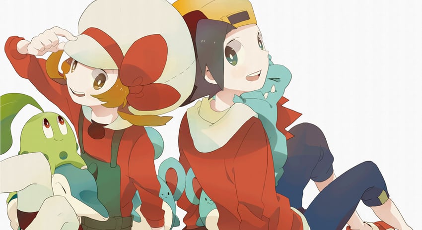 ethan, lyra, cyndaquil, chikorita, totodile, and 1 more (pokemon and 1 more) drawn by hagiko