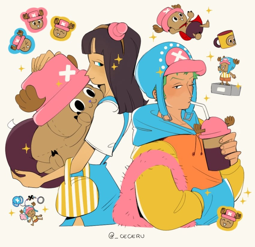 nico robin, roronoa zoro, and tony tony chopper (one piece) drawn by cesel