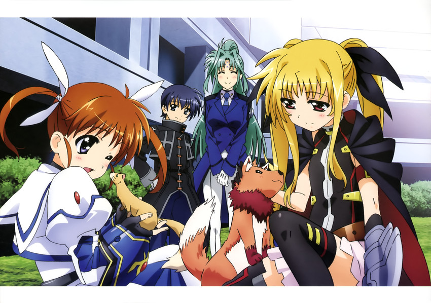 fate testarossa, takamachi nanoha, yuuno scrya, arf, lindy harlaown, and 1 more (lyrical nanoha and 4 more) drawn by arakaki_issei and okuda_yasuhiro