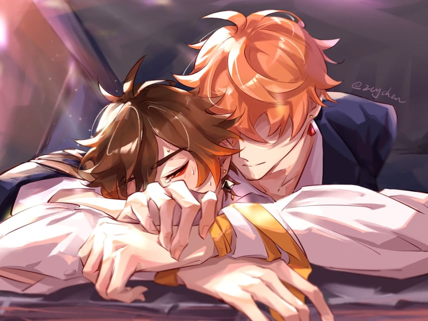 zhongli and tartaglia (genshin impact) drawn by chenzcy