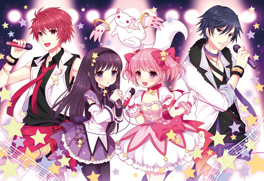 akemi homura, kaname madoka, kyubey, ichinose tokiya, and ittoki otoya (mahou shoujo madoka magica and 1 more) drawn by wasabi_(sekai)