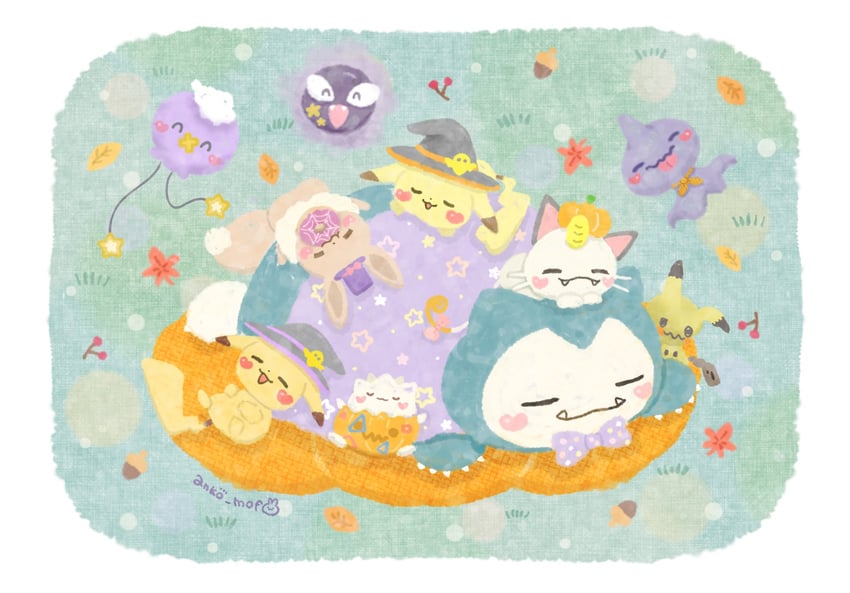 pikachu, eevee, mimikyu, meowth, snorlax, and 4 more (pokemon and 1 more) drawn by anko_mof