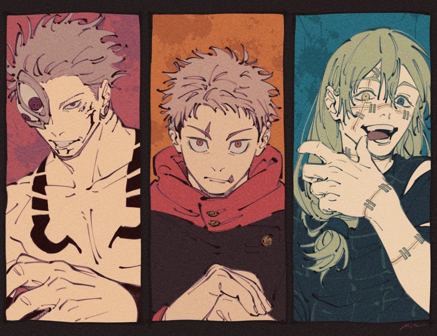 itadori yuuji, ryoumen sukuna, and mahito (jujutsu kaisen) drawn by mim_(mimya0600)