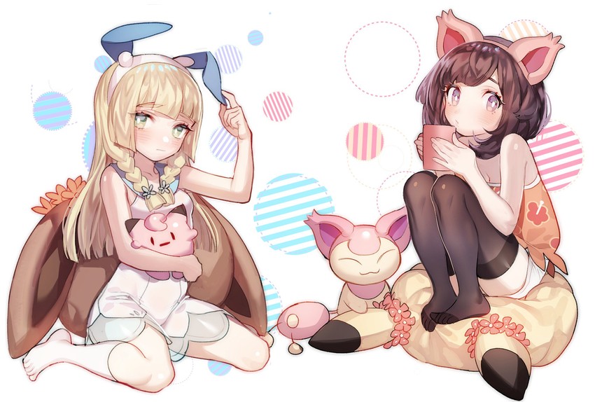 pikachu, lillie, eevee, selene, clefairy, and 1 more (pokemon and 1 more) drawn by zuizi