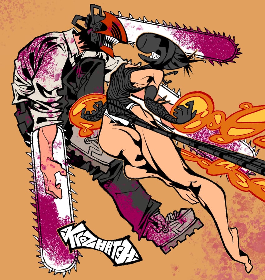 denji, reze, and bomb devil (chainsaw man) drawn by krozhatch