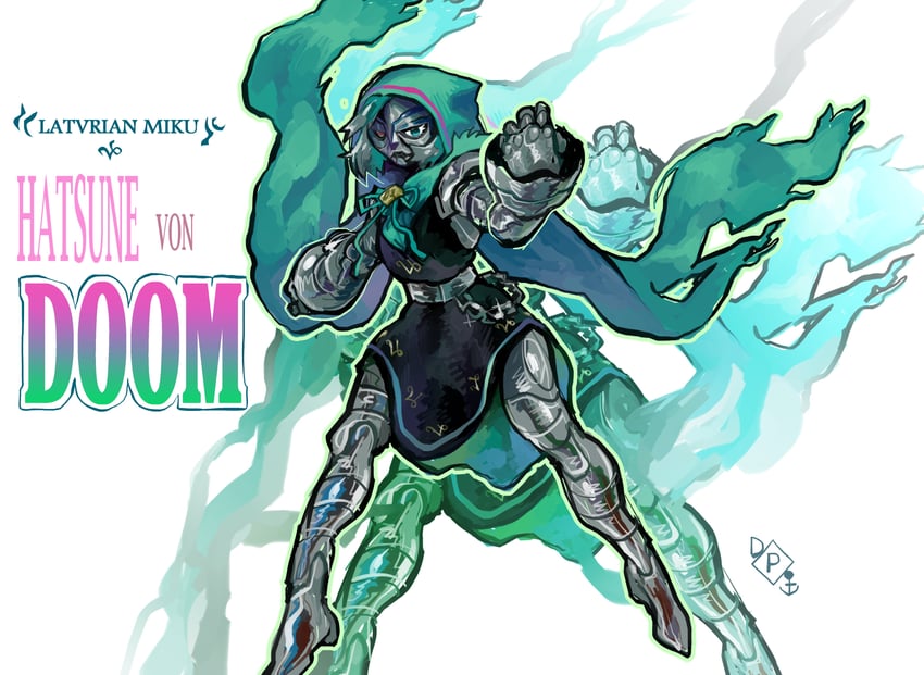 hatsune miku and doctor doom (vocaloid and 1 more) drawn by drizzlingprince