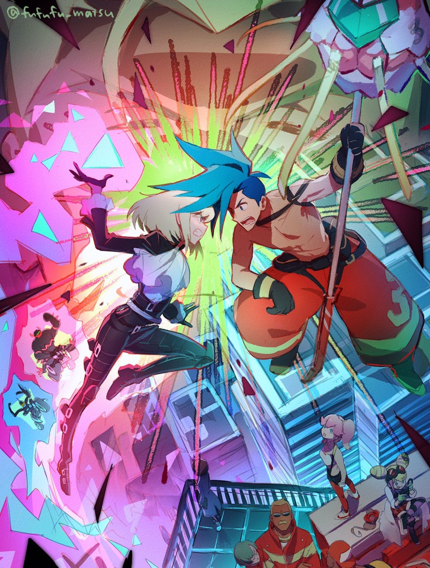 lio fotia, galo thymos, kray foresight, aina ardebit, lucia fex, and 6 more (promare) drawn by funuyu