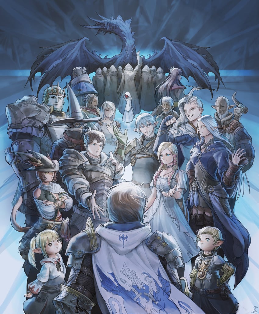 warrior of light, adventurer, emet-selch, yotsuyu goe brutus, ardbert hylfyst, and 15 more (final fantasy and 1 more) drawn by boiled_egg27