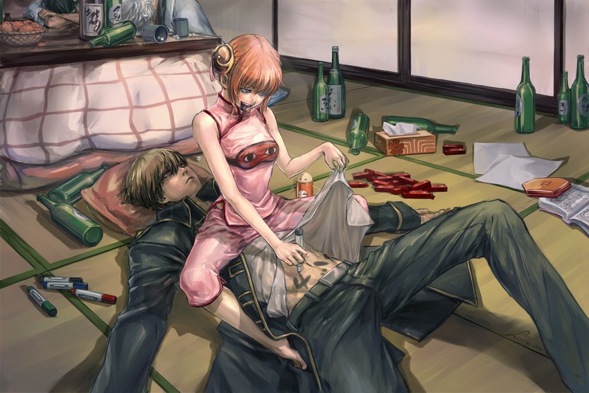 sakata gintoki, kagura, okita sougo, and hijikata toushirou (gintama) drawn by zzyzzyy