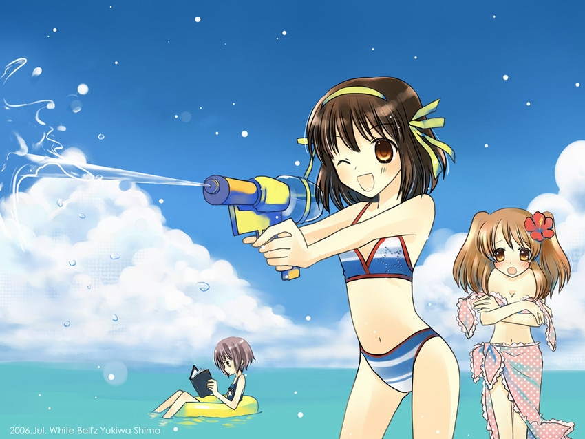 suzumiya haruhi, nagato yuki, and asahina mikuru (suzumiya haruhi no yuuutsu) drawn by shima_yukiwa