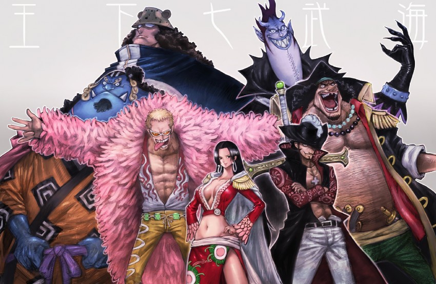 boa hancock, donquixote doflamingo, dracule mihawk, jinbe, marshall d. teach, and 2 more (one piece) drawn by boyaking