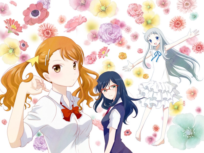 honma meiko, anjou naruko, and tsurumi chiriko (ano hi mita hana no namae wo bokutachi wa mada shiranai.) drawn by machinosuke