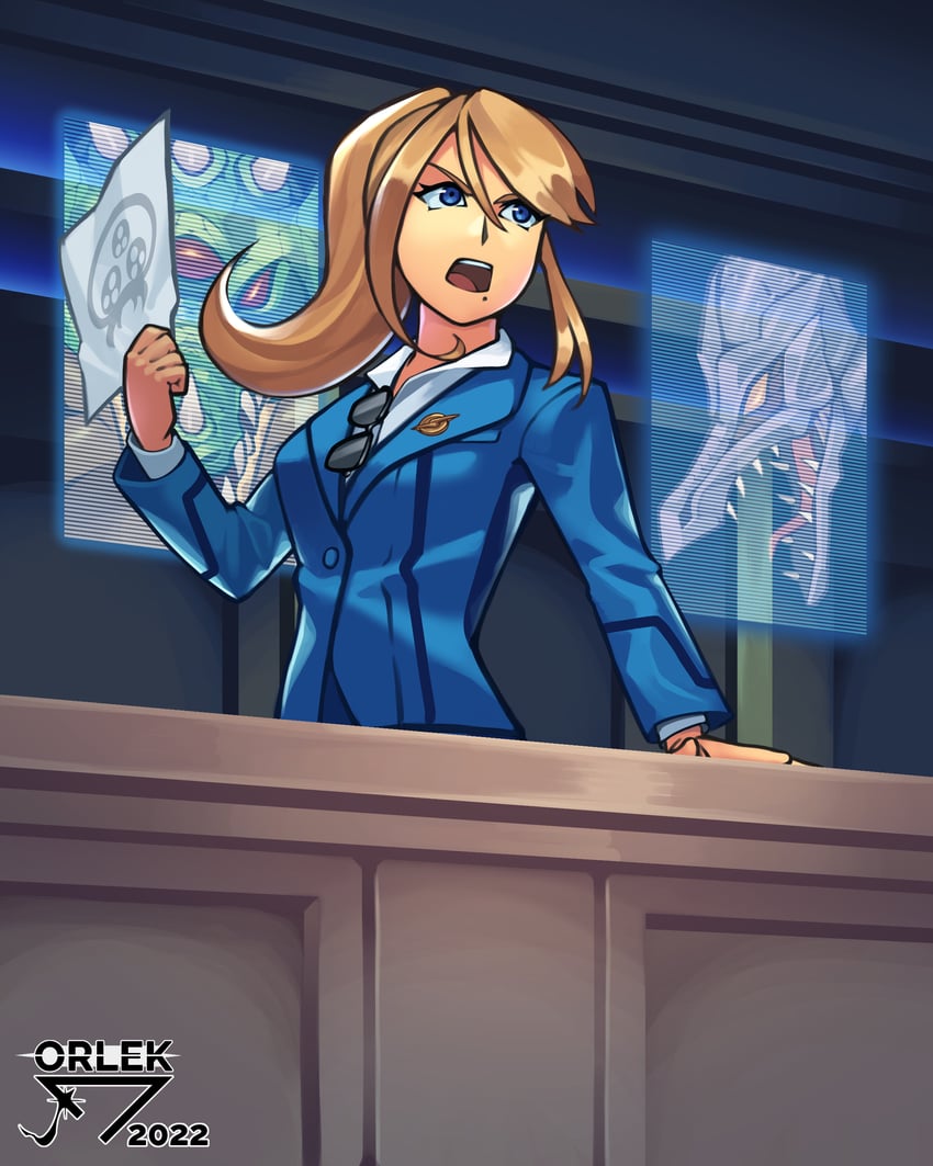 samus aran, metroid, metroid larva, ridley, and kraid (ace attorney and 1 more) drawn by orlek