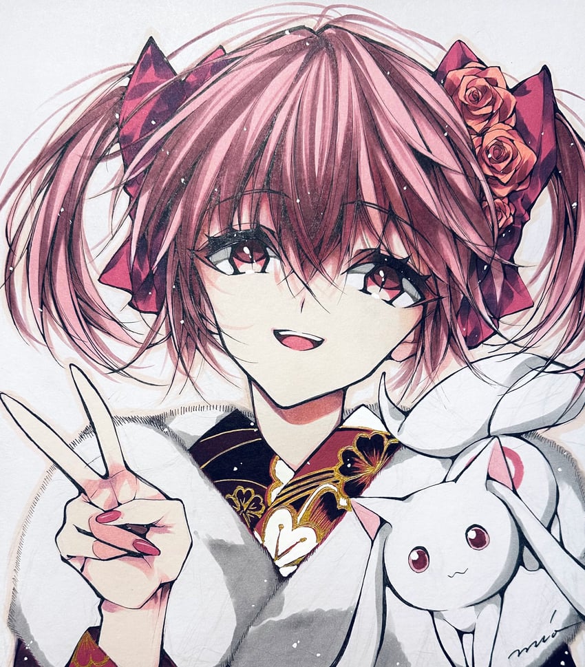 kaname madoka and kyubey (mahou shoujo madoka magica) drawn by misteor