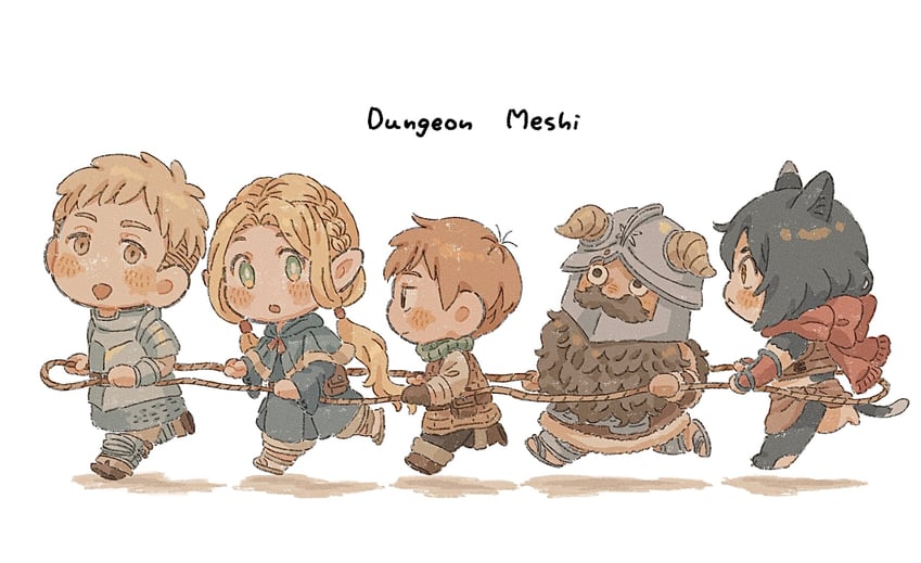 marcille donato, laios touden, senshi, chilchuck tims, and izutsumi (dungeon meshi) drawn by moku_(itmne26)