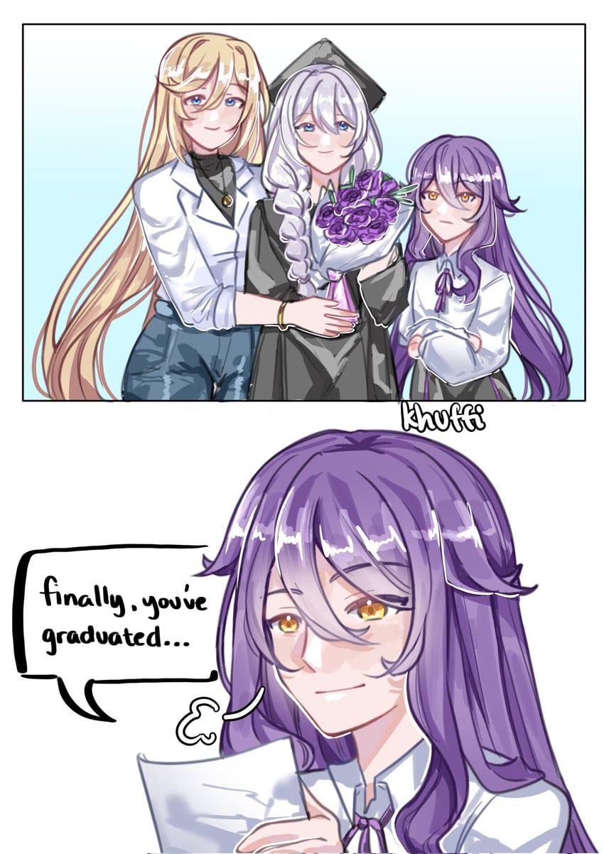 kiana kaslana, durandal, and sirin (honkai and 1 more) drawn by khuffi