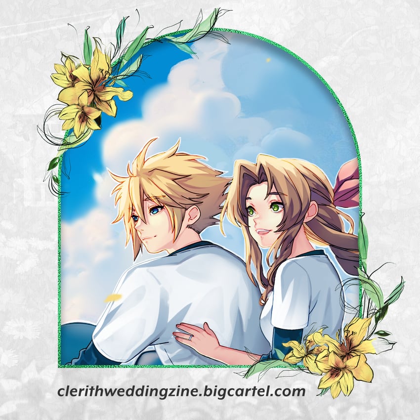 cloud strife and aerith gainsborough (final fantasy and 1 more) drawn by mochee_bi