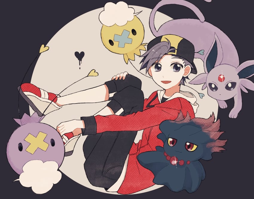ethan, espeon, drifloon, and misdreavus (pokemon and 1 more) drawn by mikakami1e