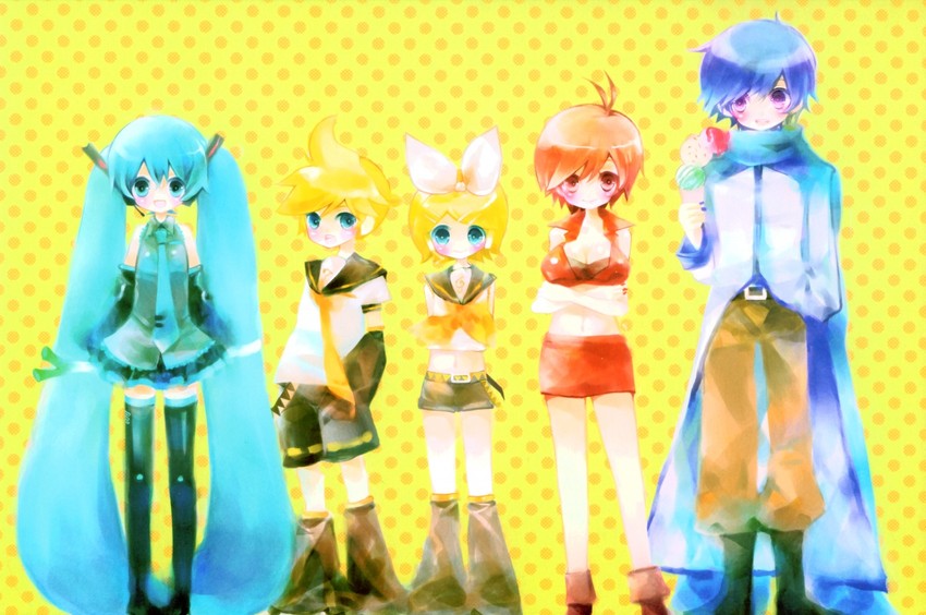 hatsune miku, kagamine rin, kagamine len, kaito, and meiko (vocaloid) drawn by shimeko