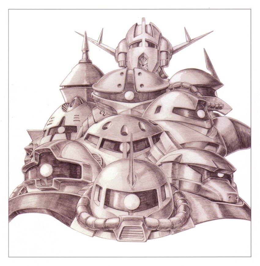 zaku ii s char custom, dom, gouf, z'gok, zeong, and 5 more (gundam and 1 more) drawn by ookawara_kunio
