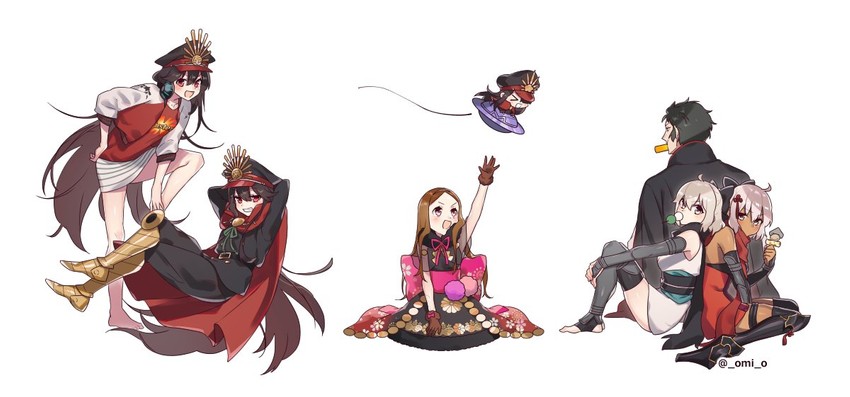 okita souji, oda nobunaga, okita souji alter, hijikata toshizou, chacha, and 1 more (fate and 2 more) drawn by omi_(tyx77pb_r2)
