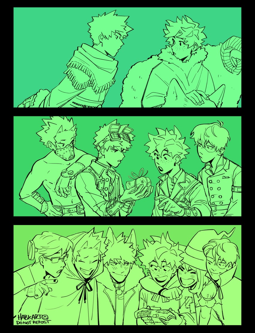 midoriya izuku, uraraka ochaco, bakugou katsuki, todoroki shoto, kirishima eijiro, and 2 more (boku no hero academia) drawn by habkart