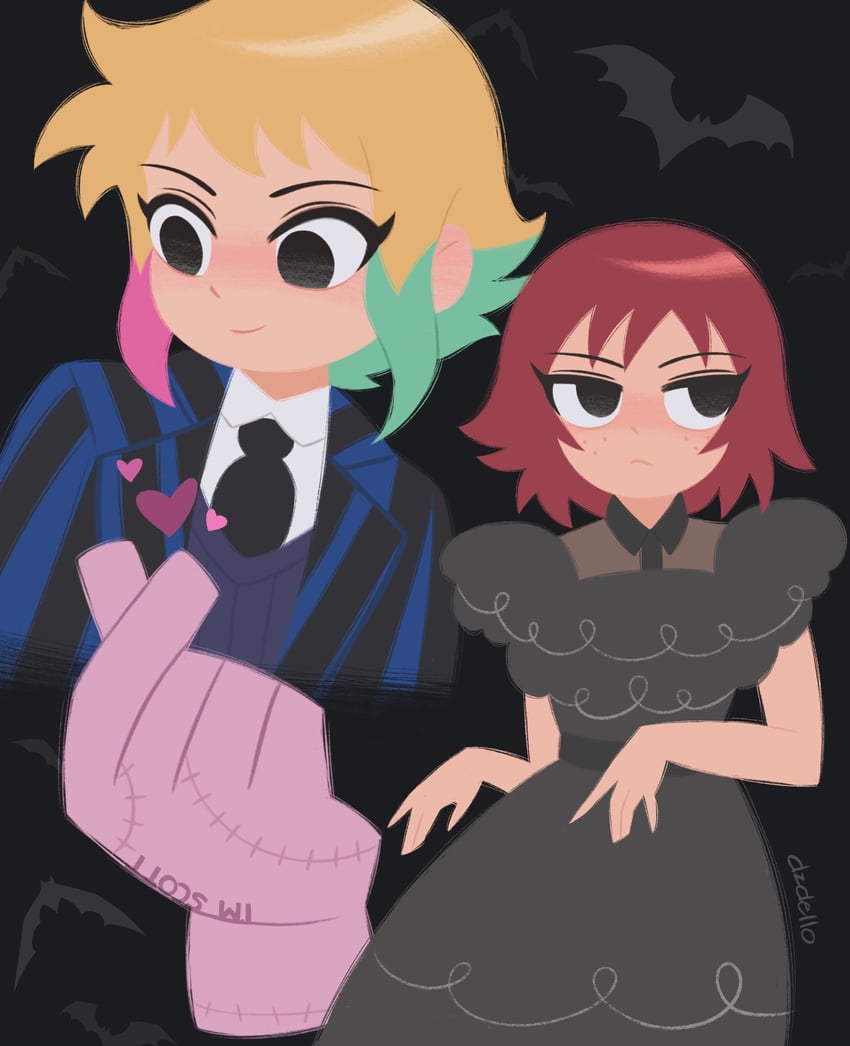 wednesday addams, ramona flowers, kim pine, enid sinclair, and thing (scott pilgrim and 3 more) drawn by dzdello