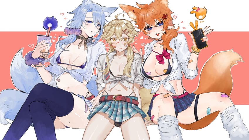 aether, tartaglia, kamisato ayato, and seelie (genshin impact) drawn by ohkrkr_z