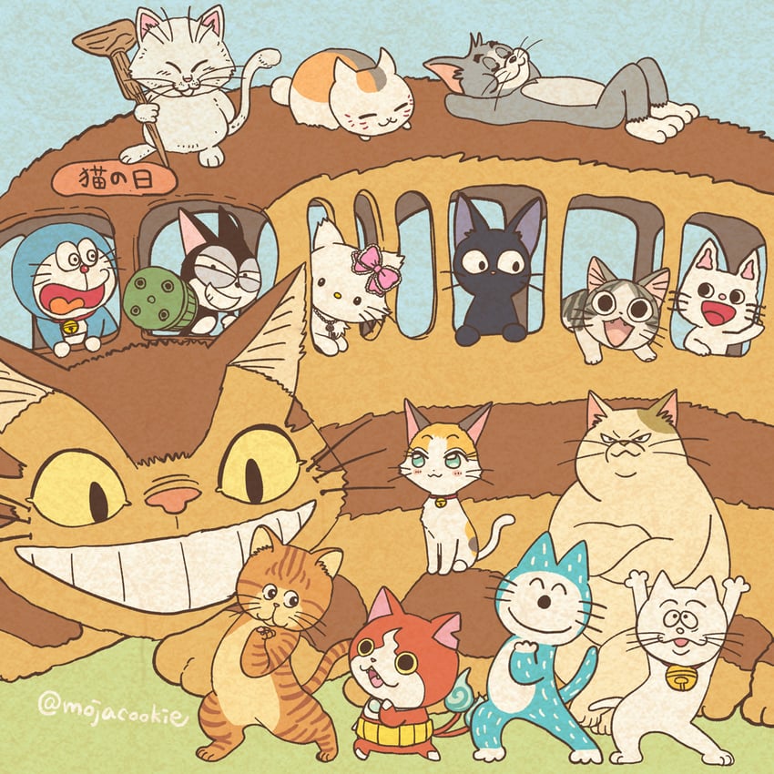 doraemon, jiji, jibanyan, nyanko-sensei, tom, and 10 more (dragon ball and 16 more) drawn by mojacookie