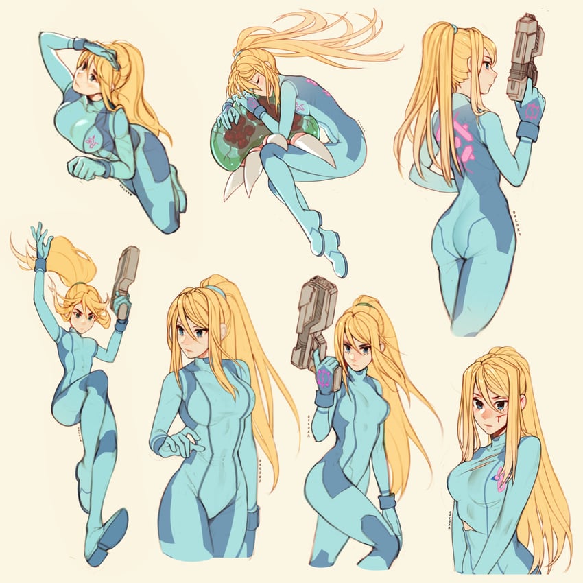 samus aran, metroid, and metroid larva (metroid) drawn by oxcoxa