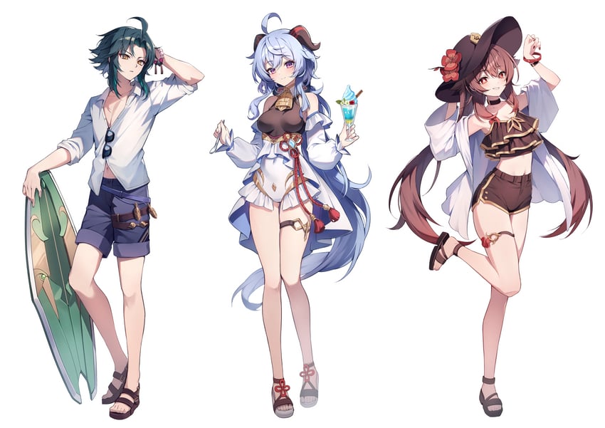 ganyu, hu tao, and xiao (genshin impact) drawn by ugwa
