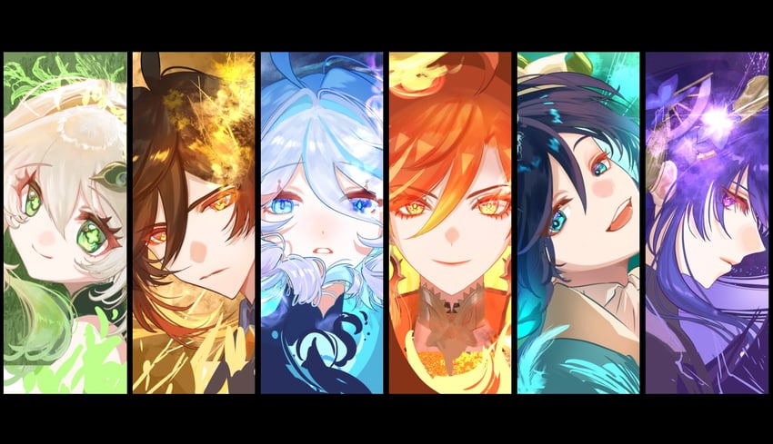 raiden shogun, furina, nahida, zhongli, venti, and 1 more (genshin impact) drawn by tanemaki_monaka