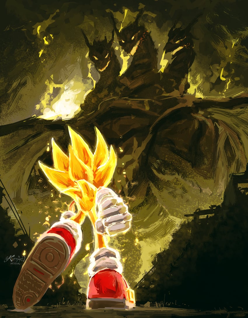 sonic the hedgehog, super sonic, and king ghidorah (sonic and 1 more) drawn by kornart