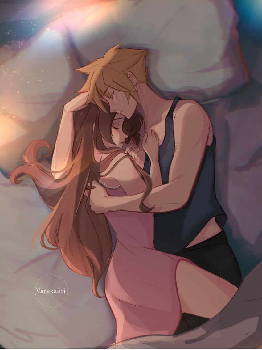 cloud strife and aerith gainsborough (final fantasy and 2 more) drawn by vanekairi