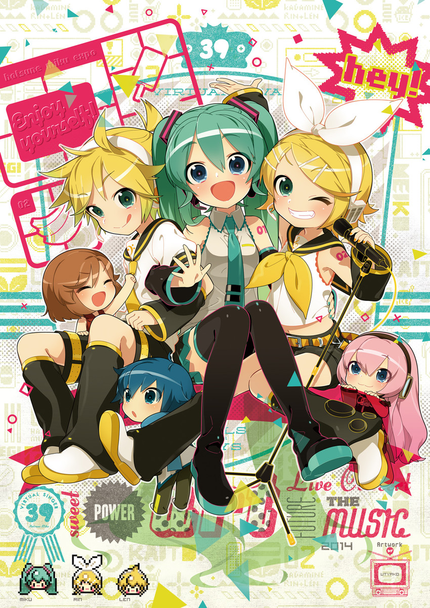 hatsune miku, kagamine rin, kagamine len, megurine luka, kaito, and 1 more (vocaloid) drawn by uchako